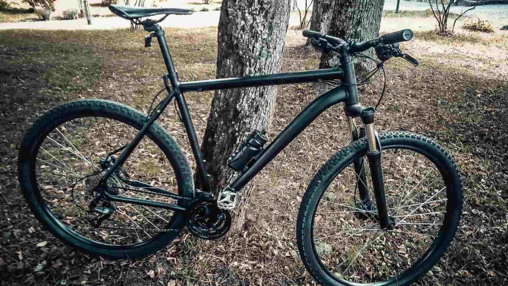 One of the best mountain bikes under $2000 painted black with water bottle in a park