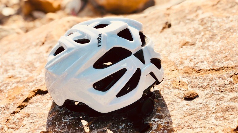 Rear view of a Kali mountain bike helmet.