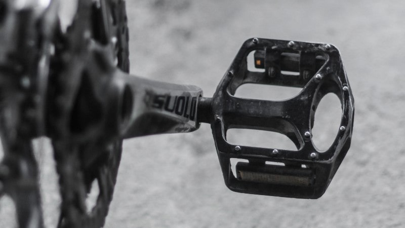Close up of flat pedal on mountain bike